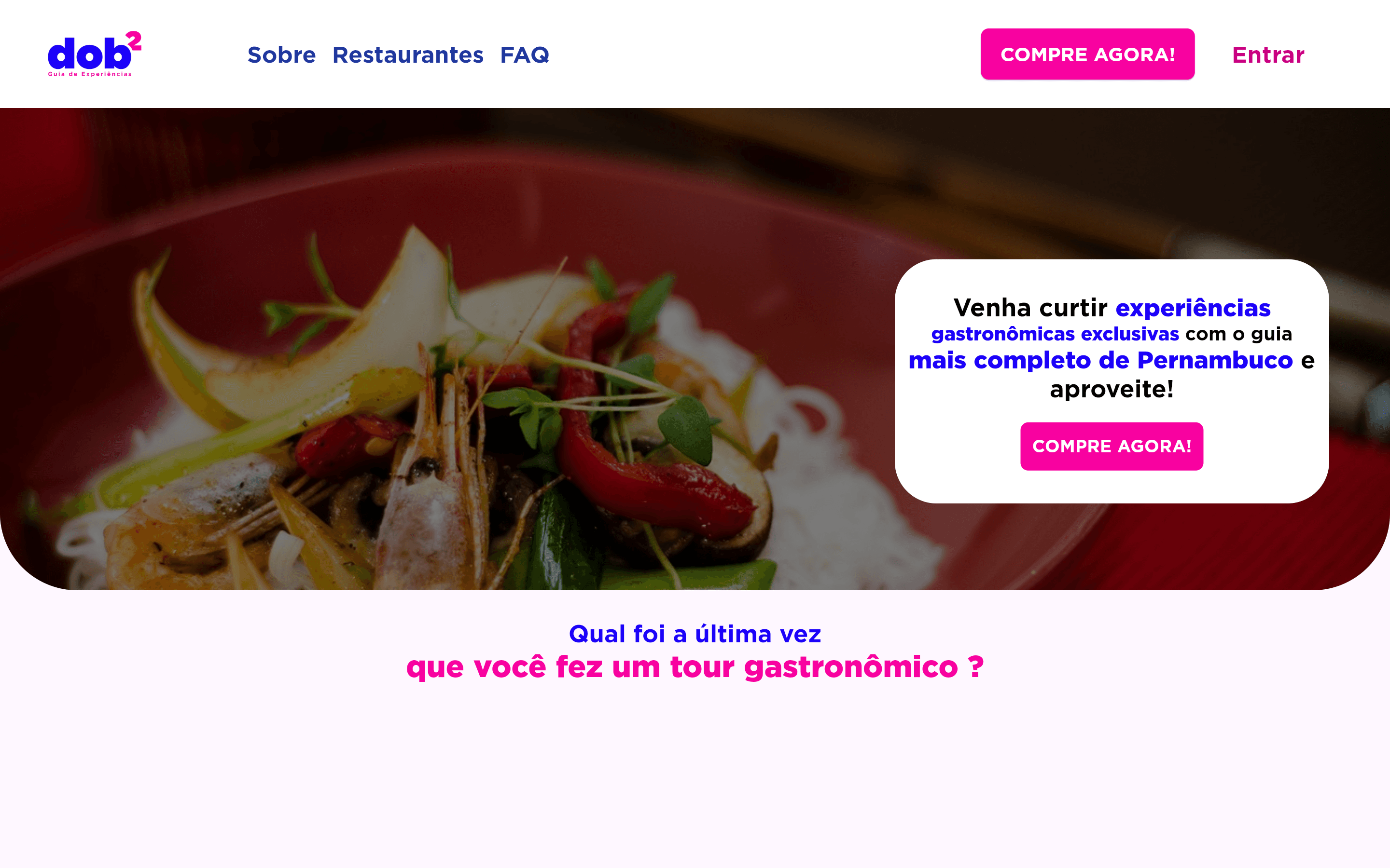 Home do guia gastronômico, com chamada para experiências exclusivas