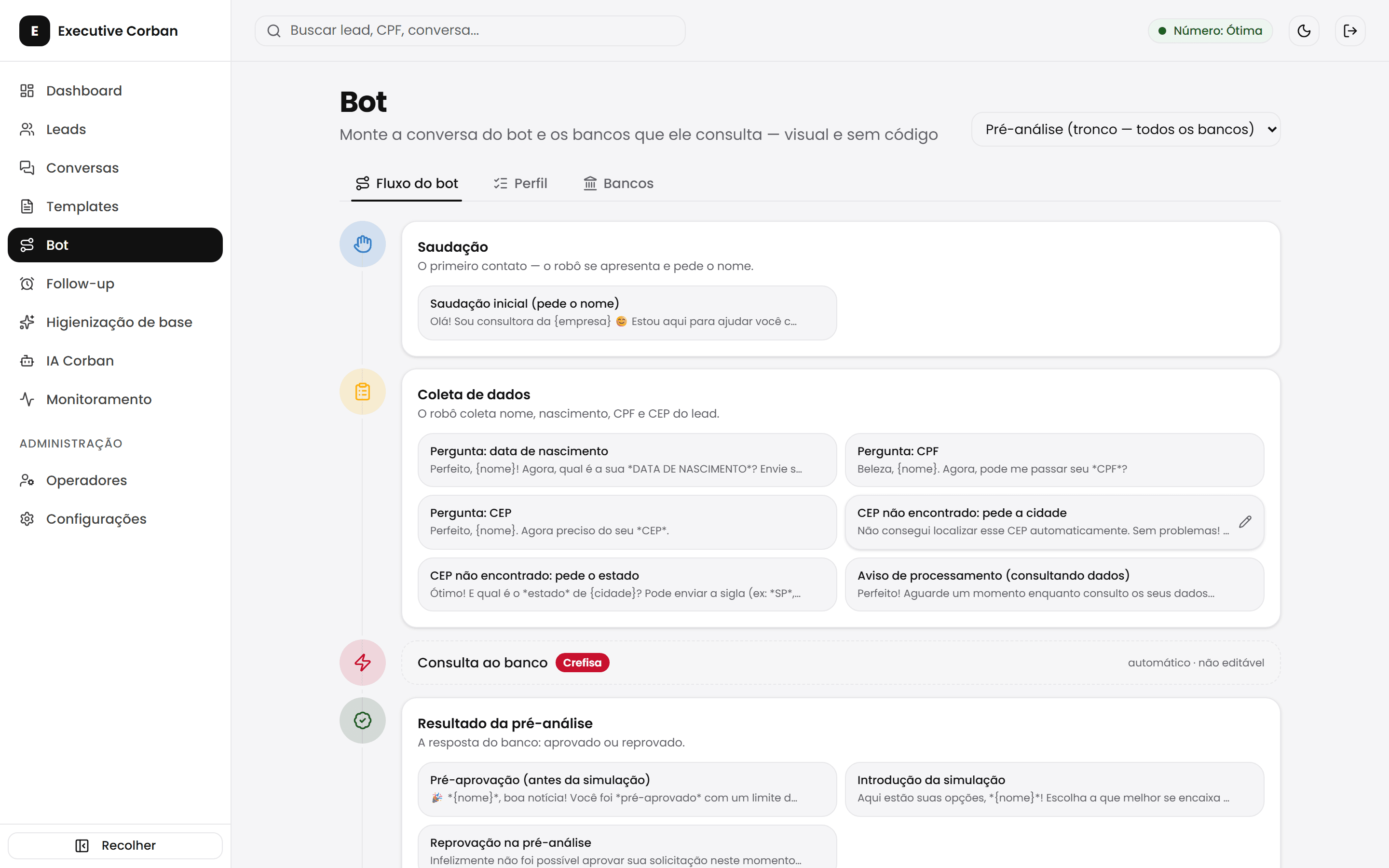 Construtor visual do fluxo do bot: saudação, coleta, OCR e consulta ao banco